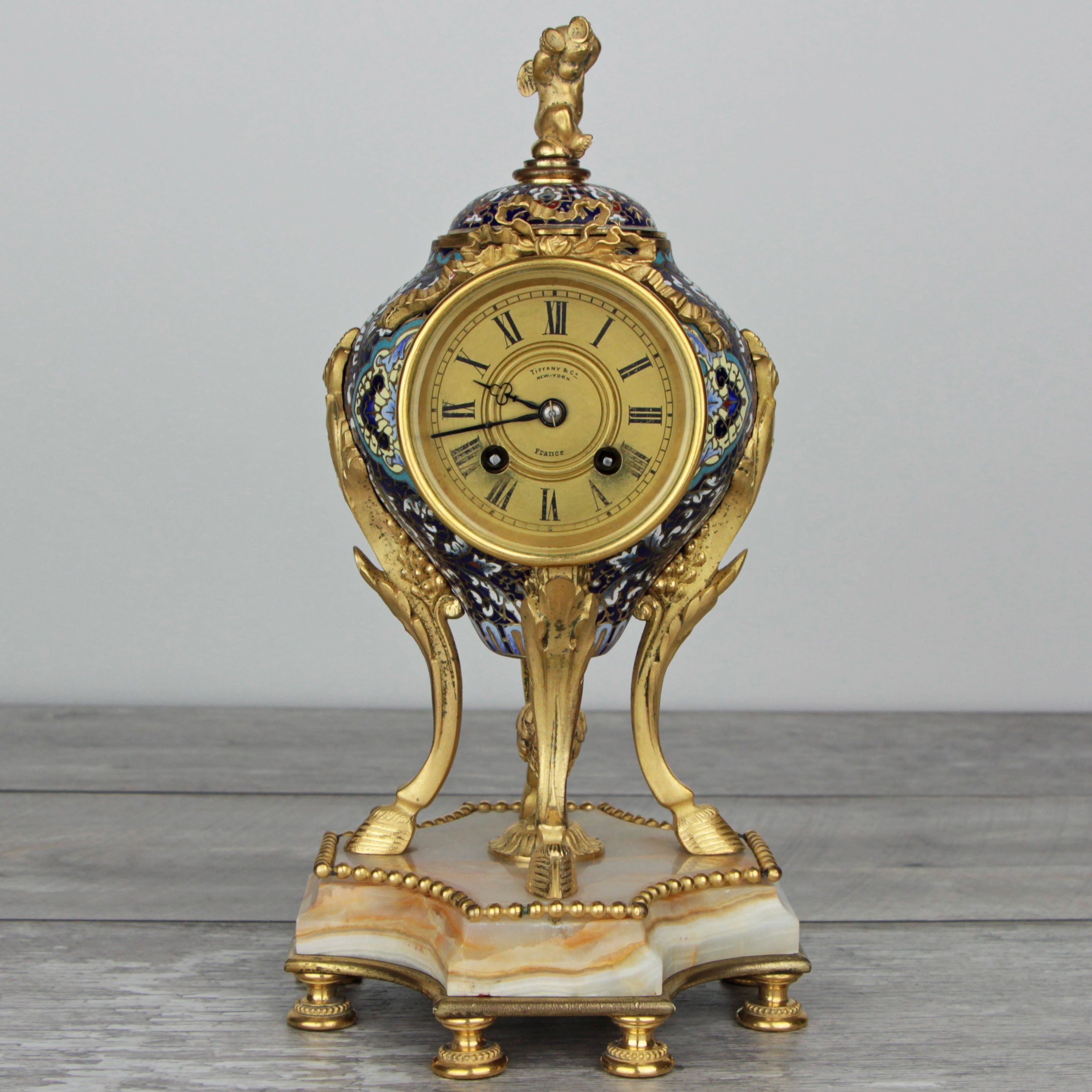 Tiffany & Co. 1890 Champleve and Onyx Antique Swiss Clock